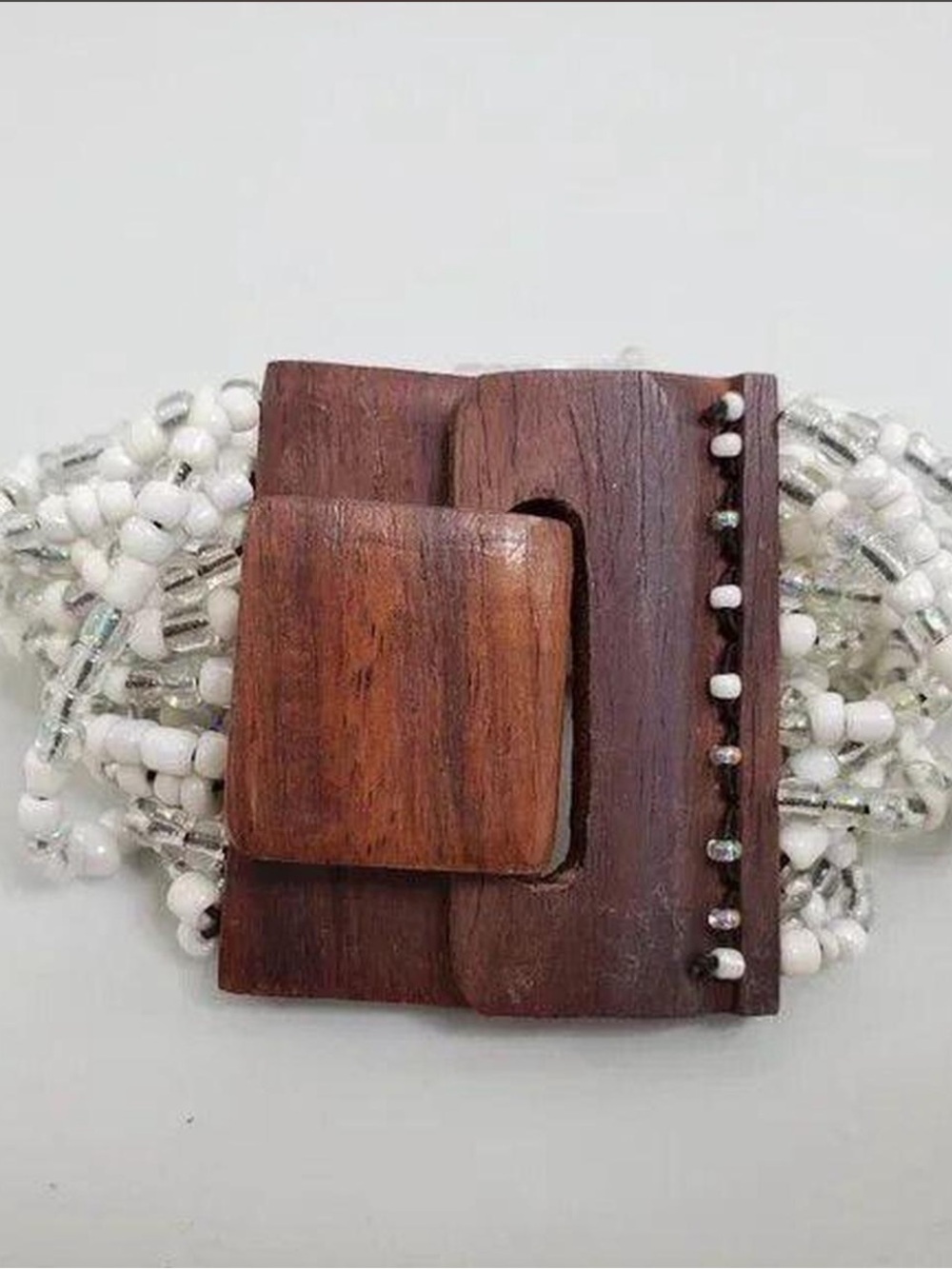 Handcrafted White Beaded Bracelet with Wooden Buckle